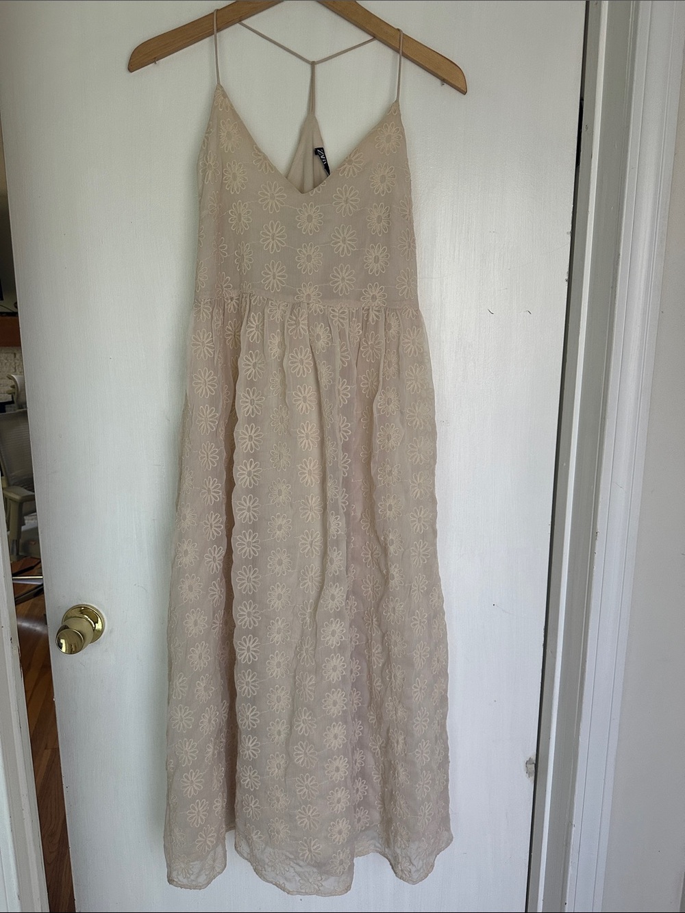 Zara Beige Floral Eyelet Spaghetti Strap Maxi Dress
